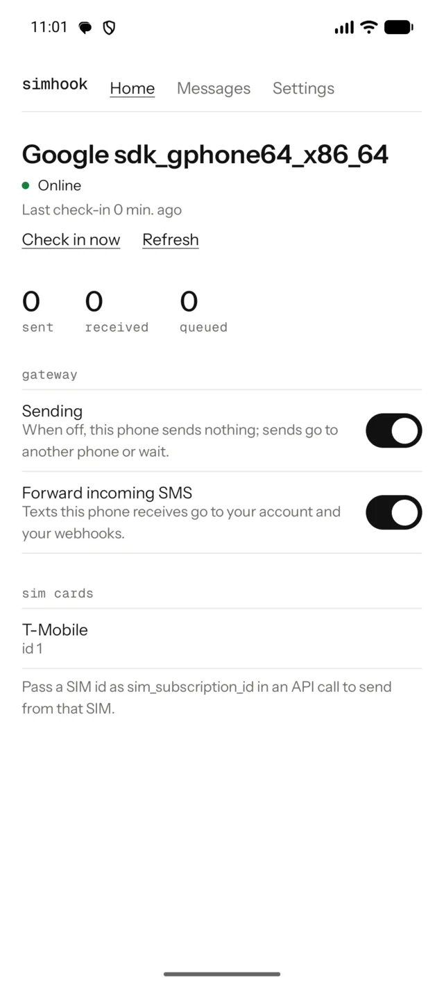 The simhook Android app: phone online, gateway enabled, forwarding on, one SIM listed